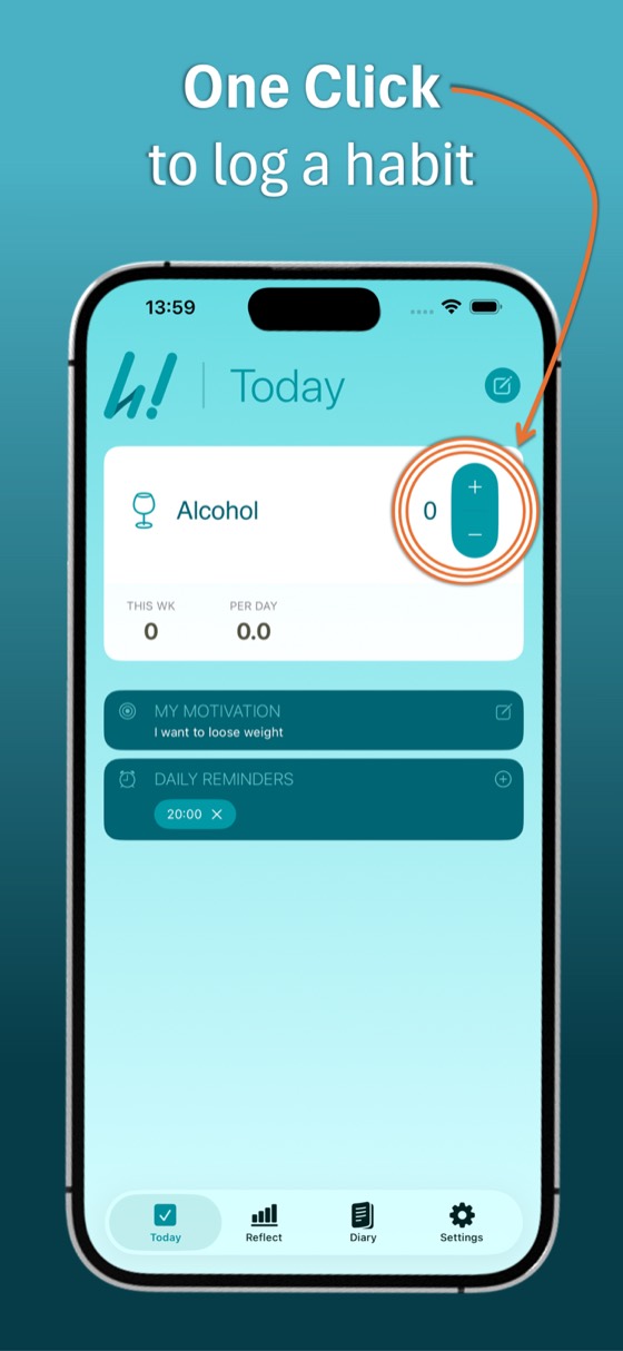The Today screen. An Alcohol card with a plus and minus stepper set to 0, and totals reading 0 this week, 0.0 per day.