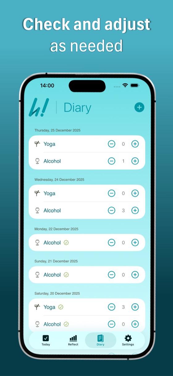 The Diary screen, listing past days and what was logged on each.